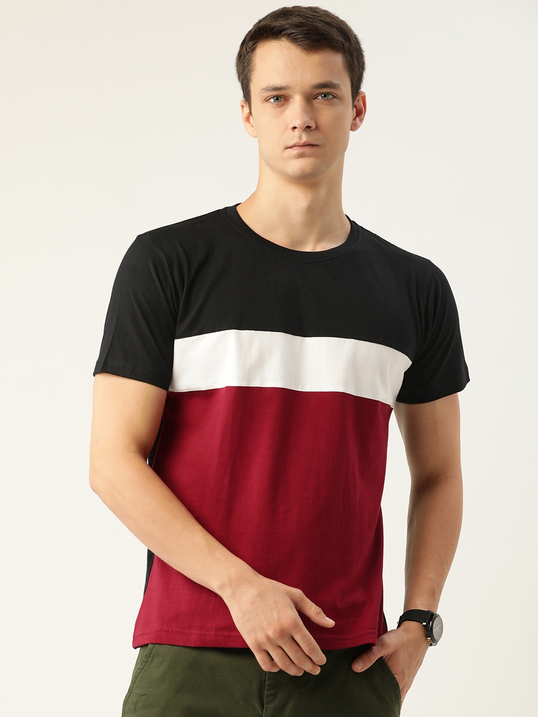 

FERANOID Men Black & Maroon Colourblocked T-shirt