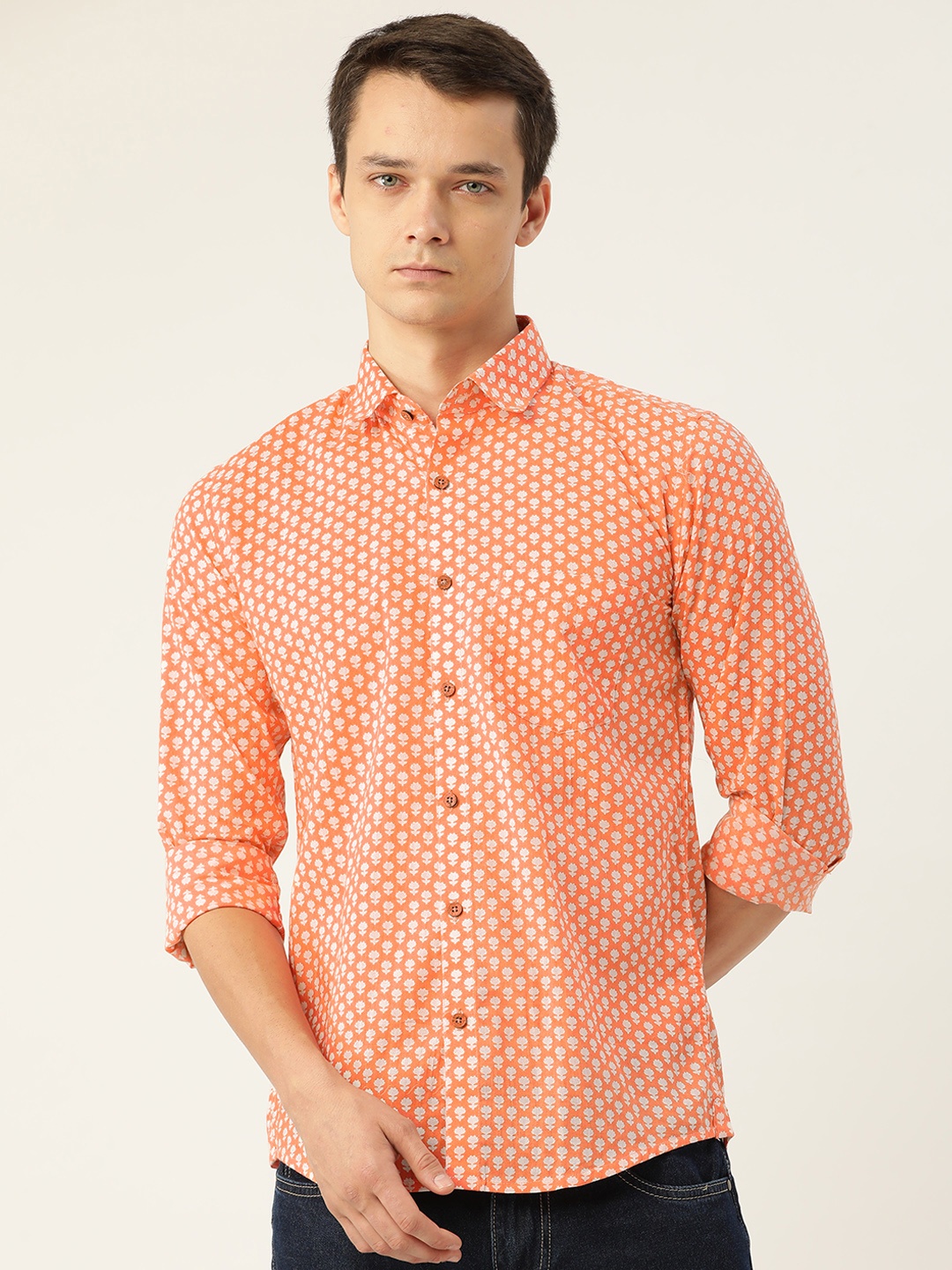 

FERANOID Men Peach-Coloured Opaque Printed Cotton Casual Shirt