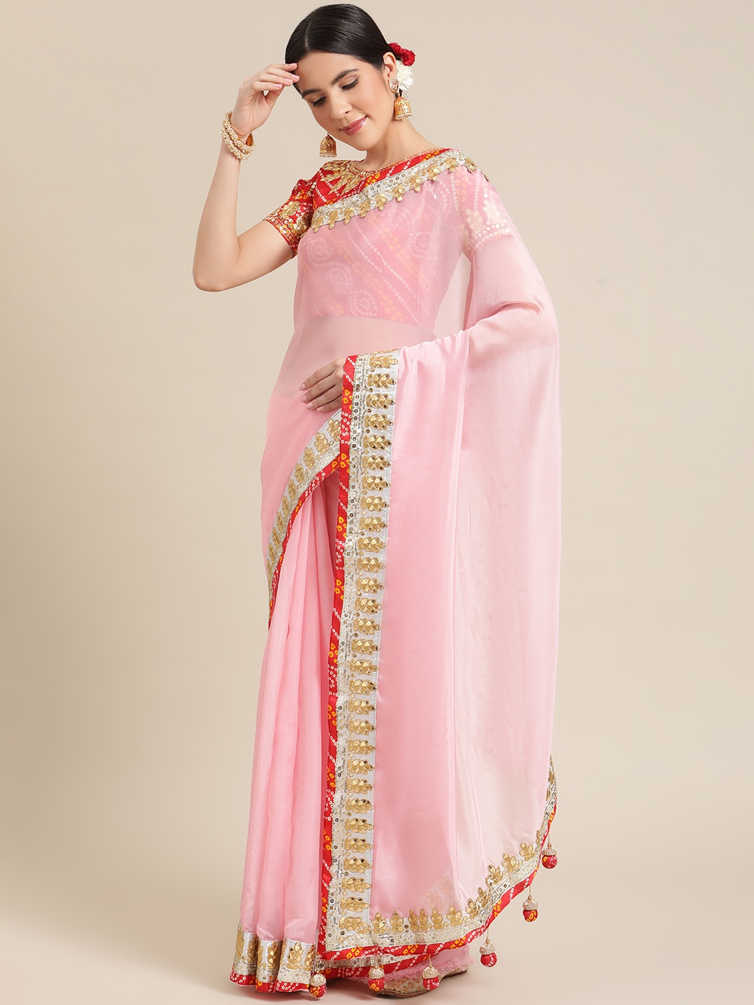 

Mitera Pink & Red Organza Silk Blend Ethnic Embroidered Party Saree