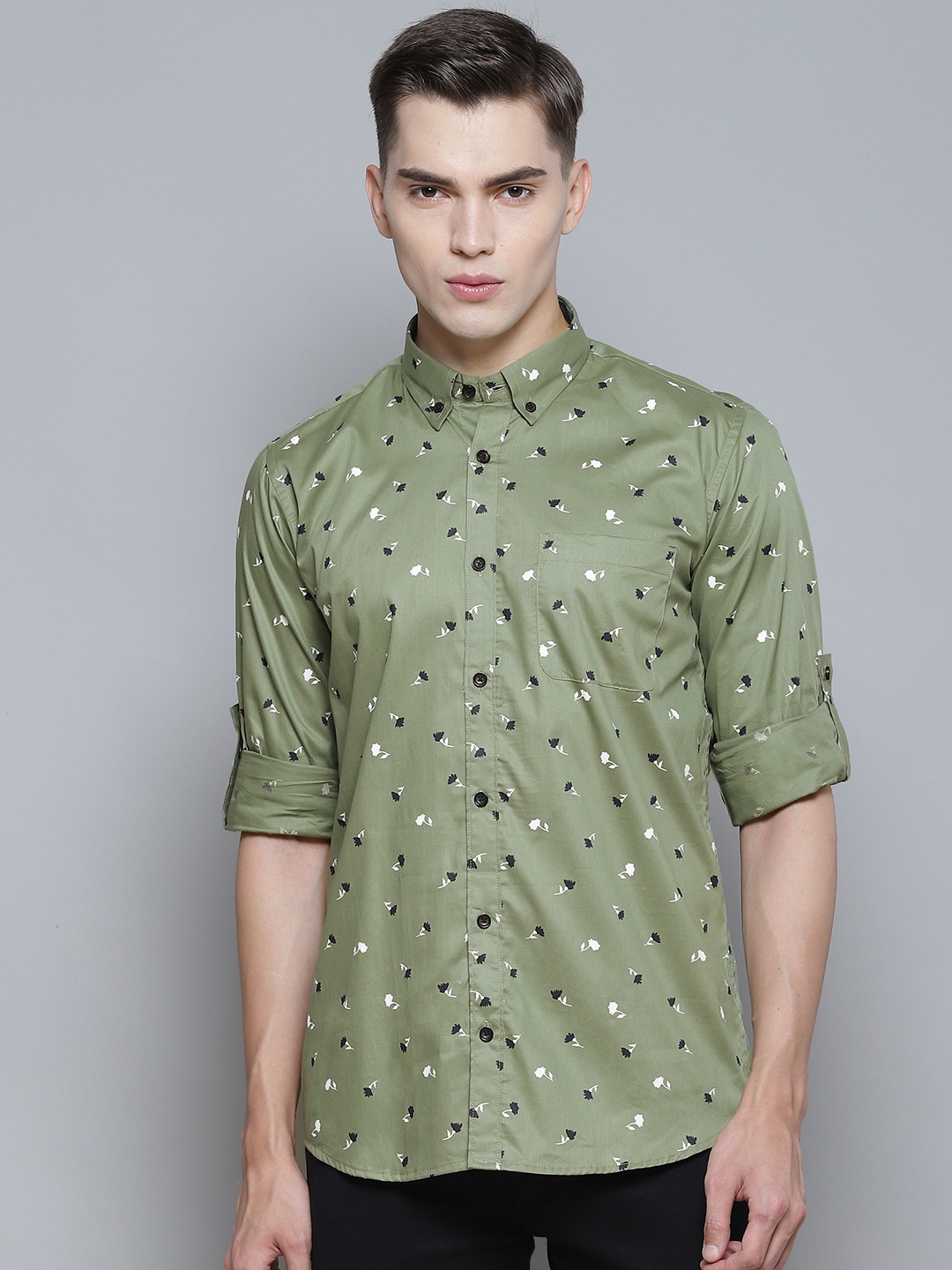 

DENNISON Men Green & Navy Blue Smart Slim Fit Cotton Floral Print Formal Shirt