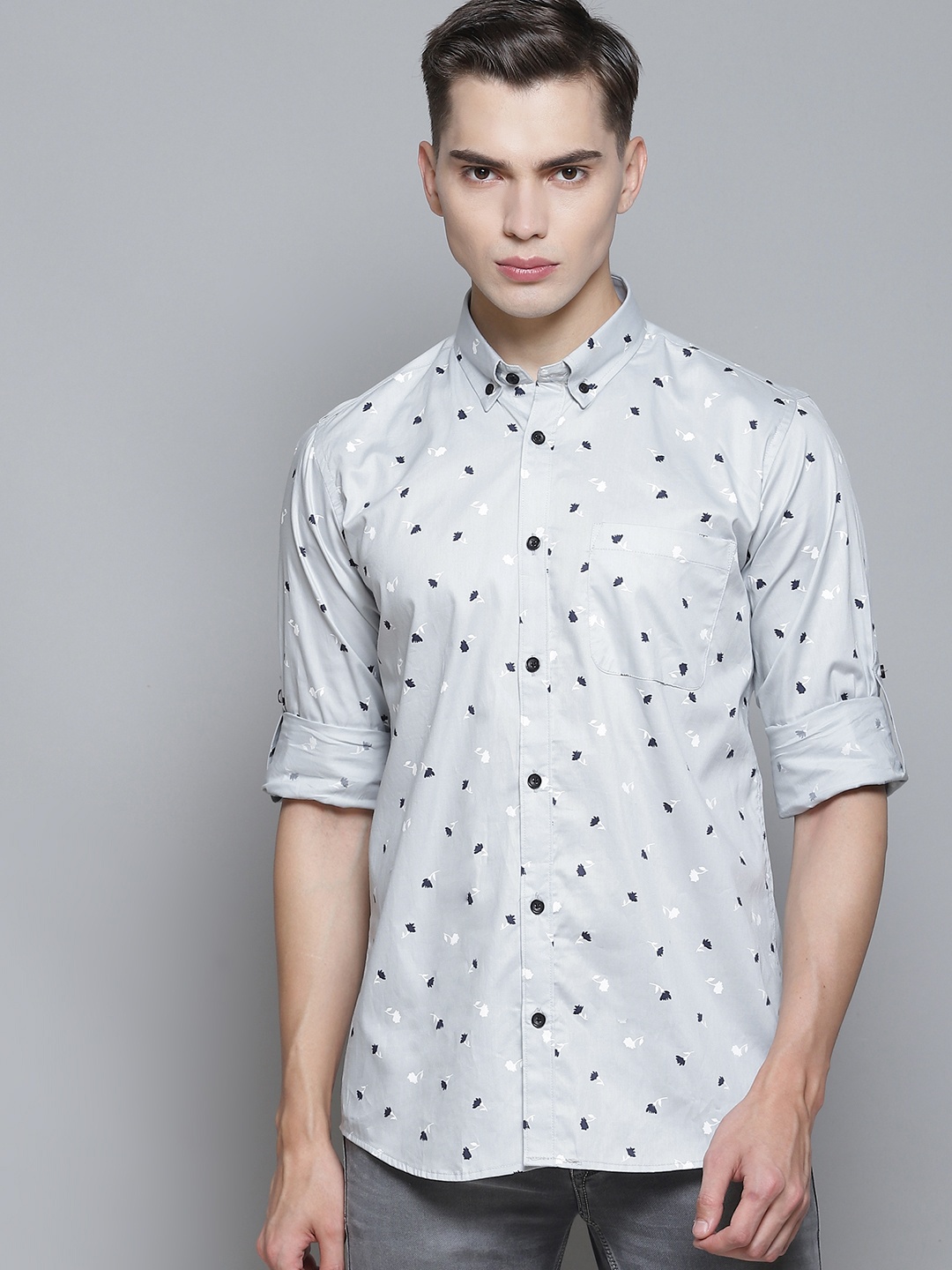 

DENNISON Men Grey Smart Slim Fit Floral Opaque Printed Formal Shirt