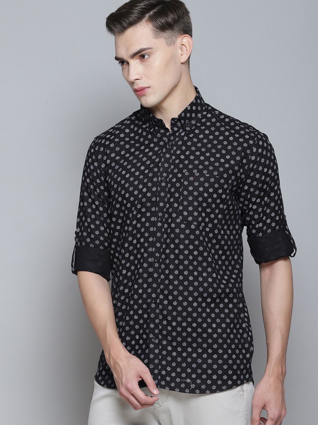 

DENNISON Men Black & White Pure Cotton Smart Slim Fit Opaque Printed Formal Shirt
