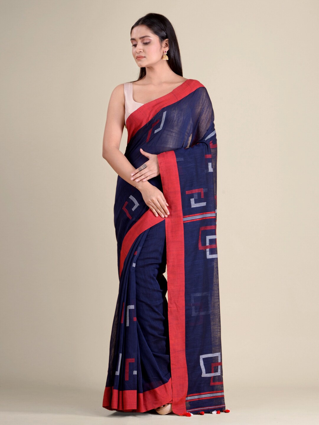 

Mitera Navy Blue & Pink Pure Cotton Handloom Saree