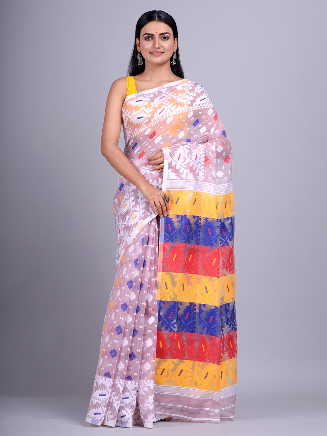 

Mitera White & Pink Floral Silk Cotton Jamdani Handloom Saree