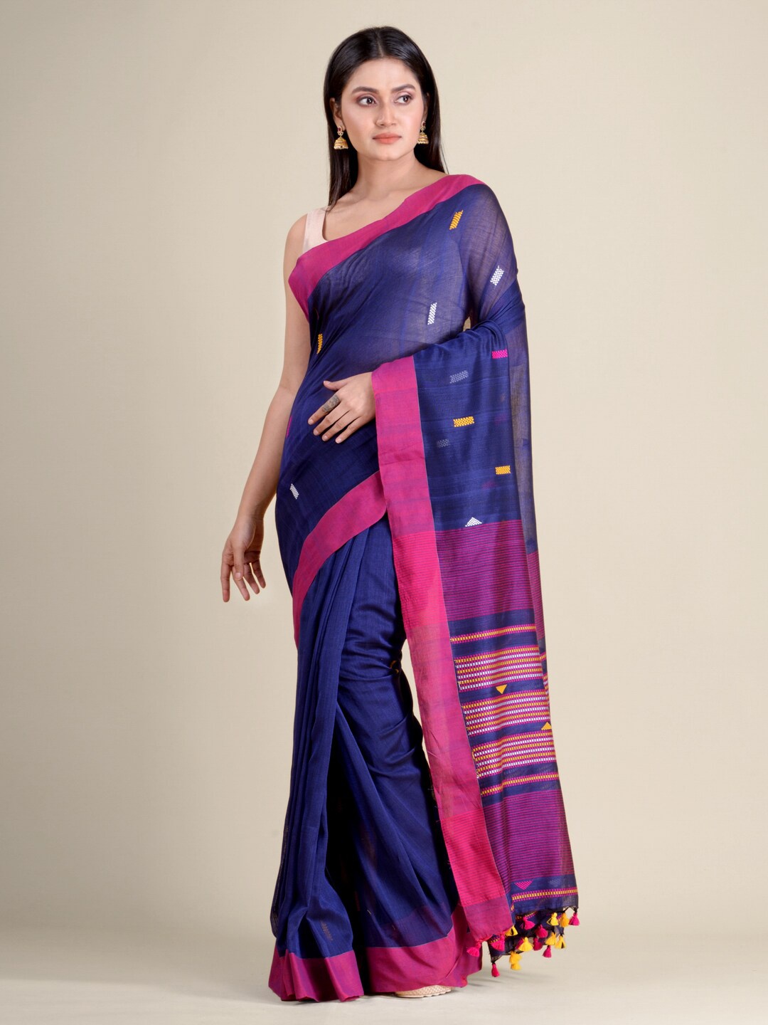 

Mitera Navy Blue & Pink Pure Cotton Handloom Saree