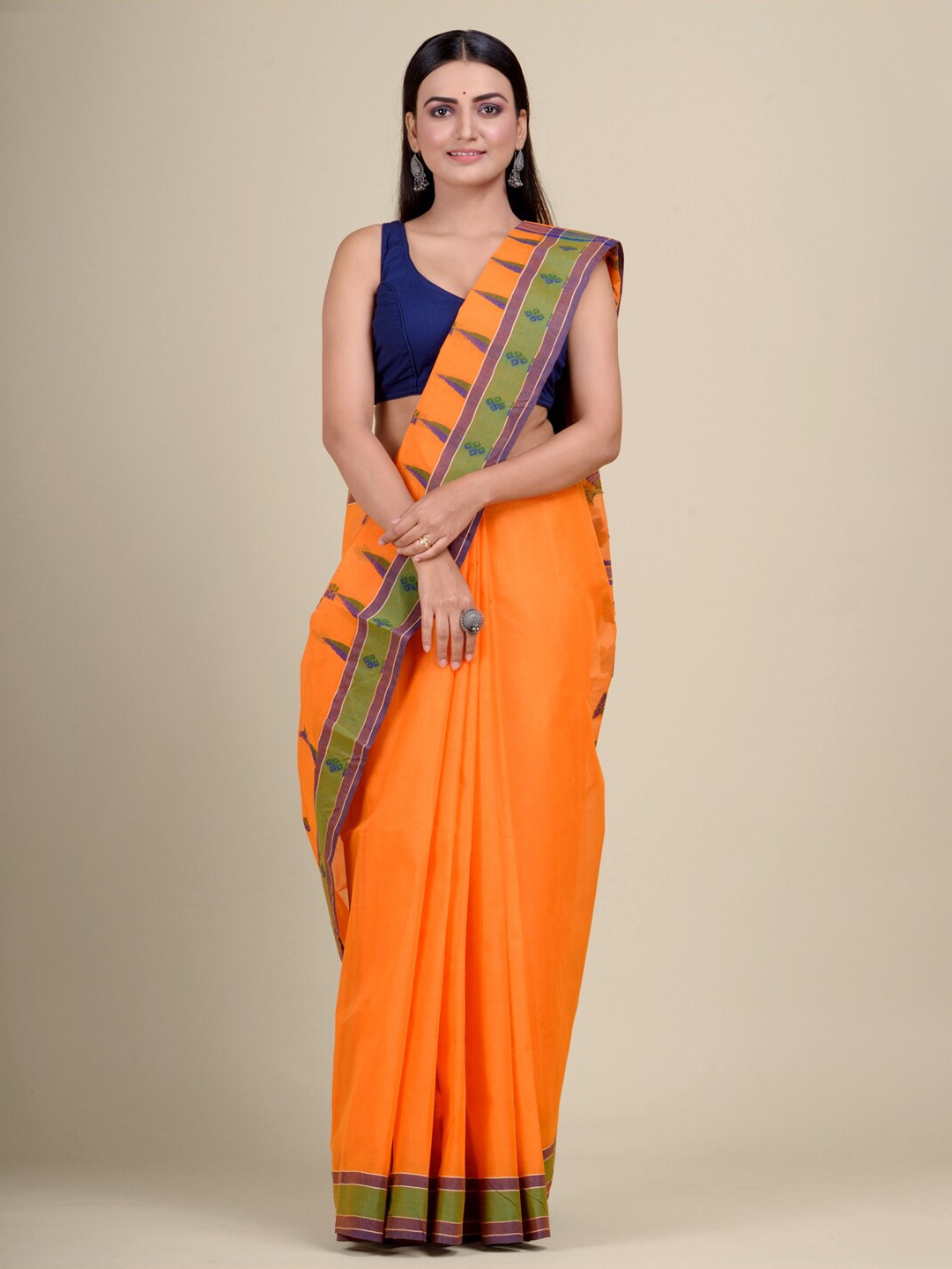 

Mitera Orange & Green Floral Pure Cotton Taant Handloom Saree