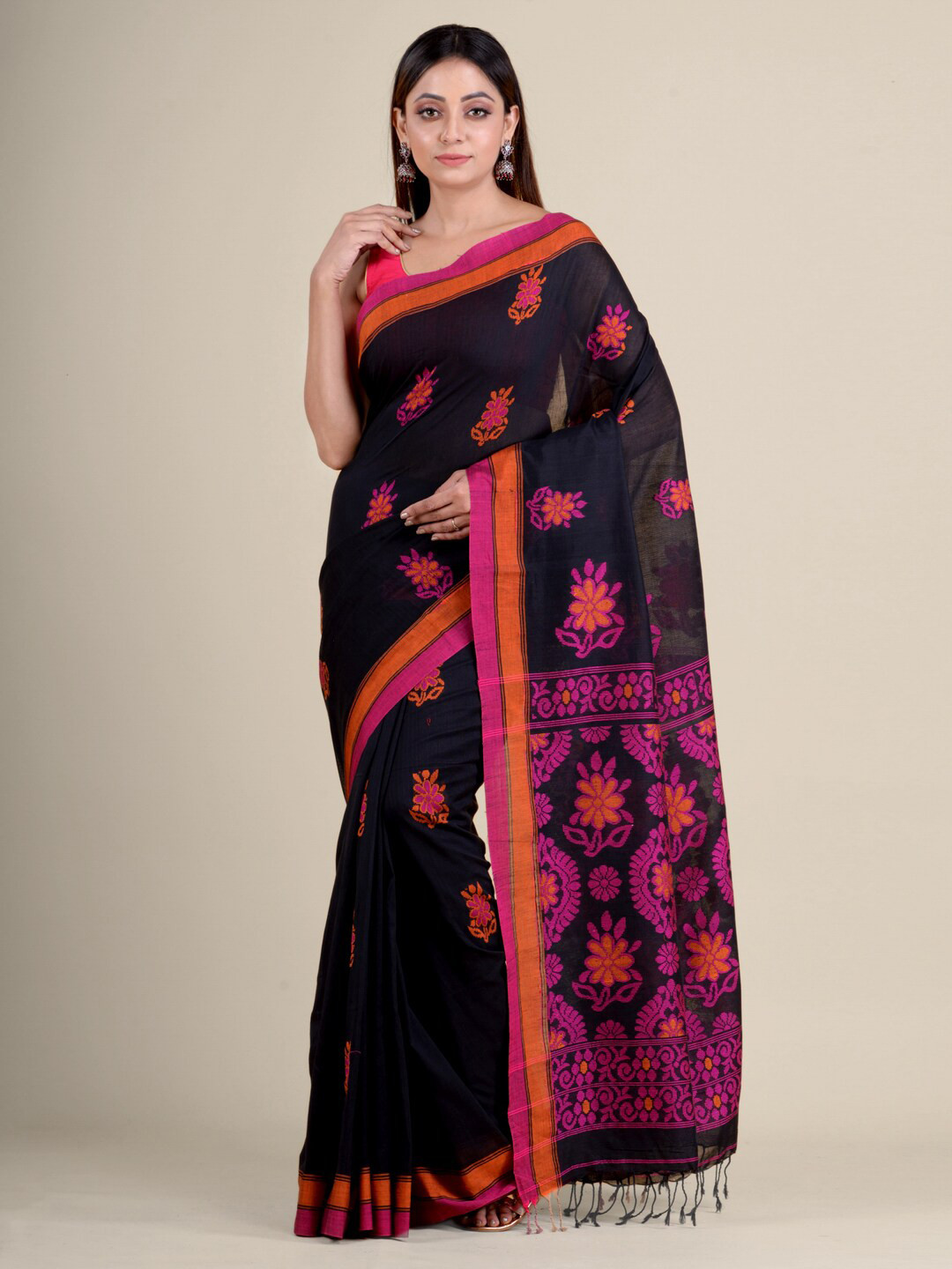 

Mitera Black & Pink Floral Pure Cotton Handloom Saree