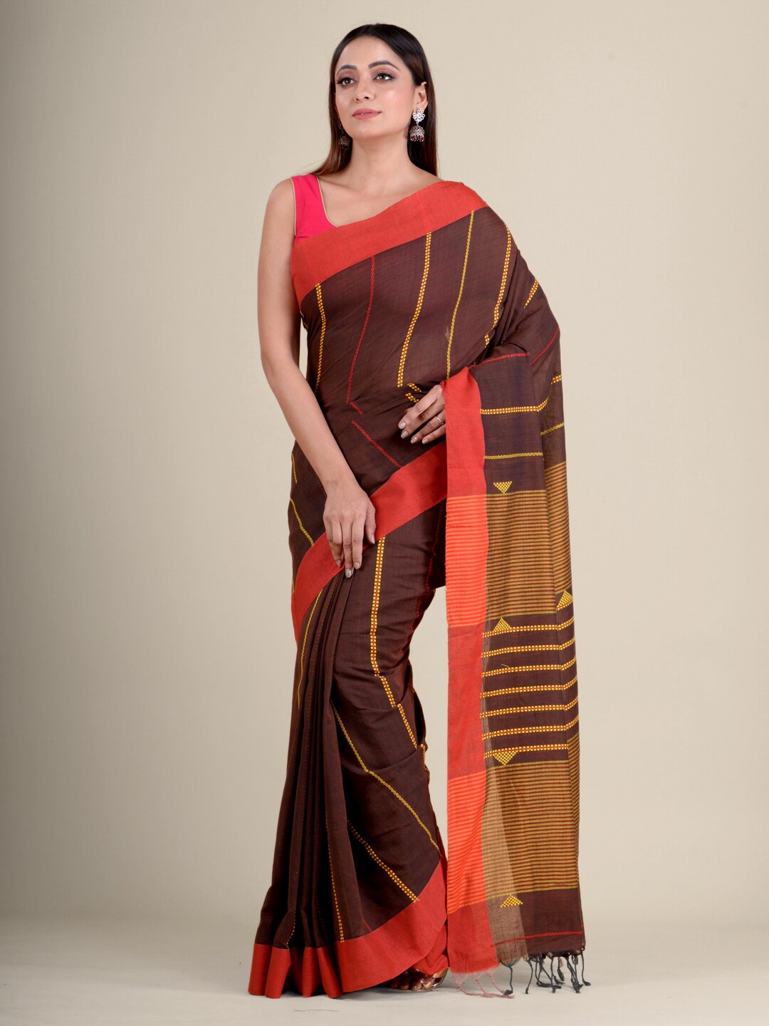 

Mitera Brown & Red Striped Pure Cotton Handloom Saree