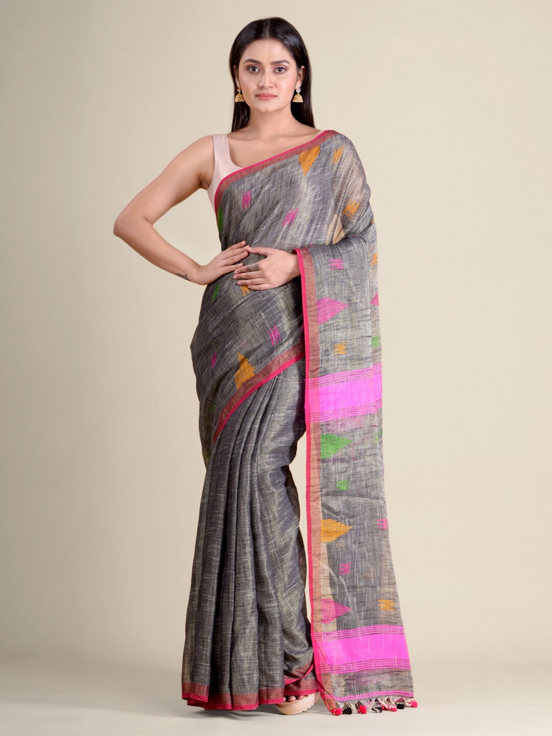 

Mitera Grey & Pink Woven Design Pure Cotton Handloom Saree