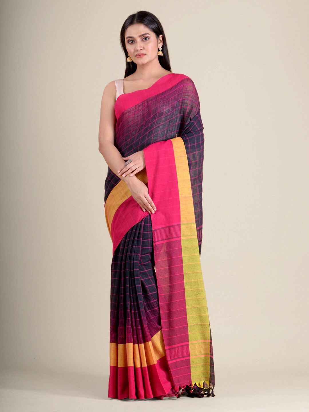 

Mitera Navy Blue & Pink Checked Pure Cotton Handloom Saree