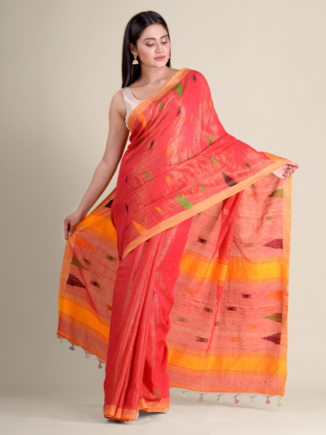 

Mitera Red & Yellow Woven Design Zari Pure Cotton Handloom Saree