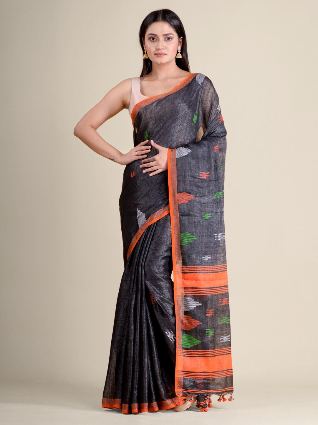 

Mitera Charcoal & Orange Woven Design Pure Cotton Handloom Saree