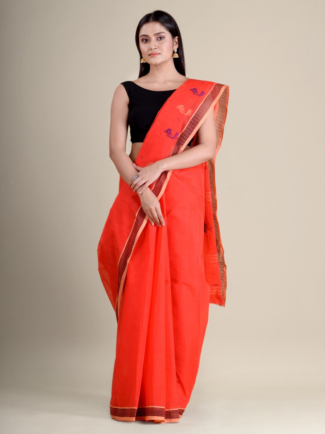 

Mitera Orange & Purple Pure Cotton Taant Handloom Saree