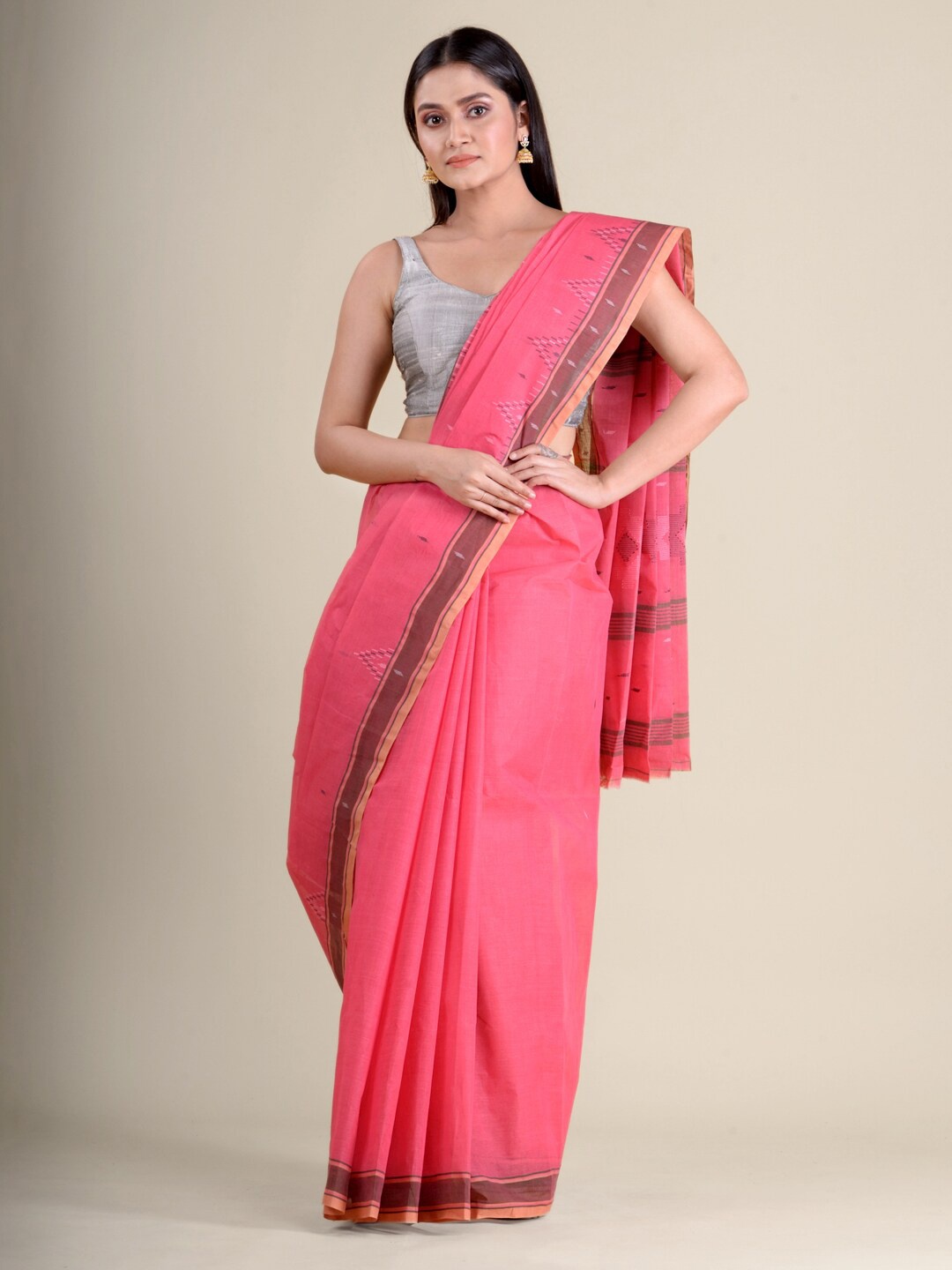 

Mitera Pink & Brown Pure Cotton Taant Handloom Saree