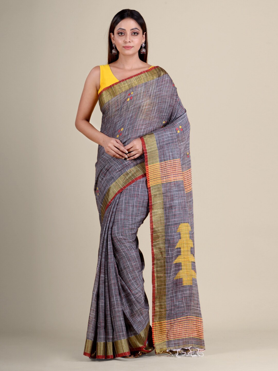 

Mitera Grey & Red Checked Pure Cotton Handloom Saree
