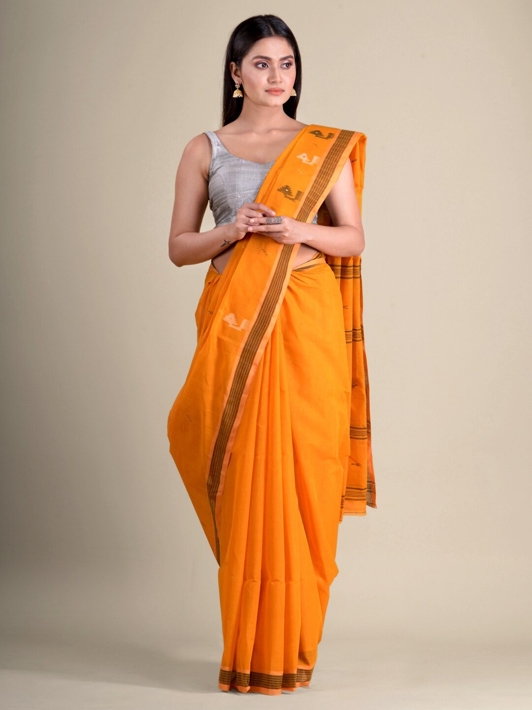 

Mitera Orange & Black Pure Cotton Taant Handloom Saree