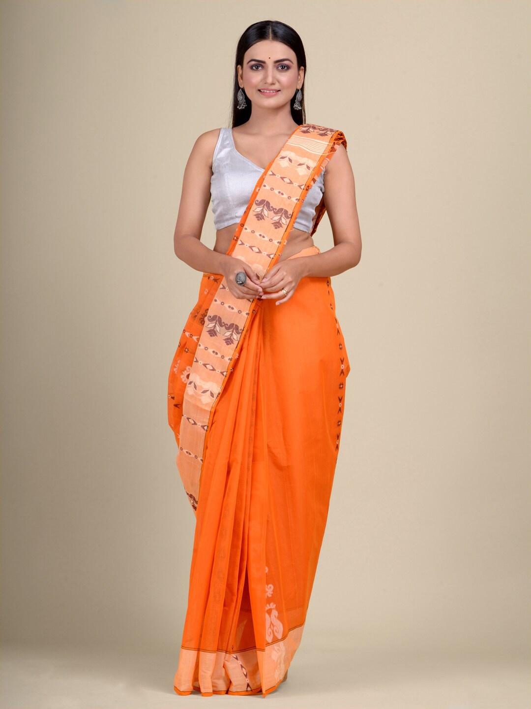 

Mitera Orange & Brown Floral Pure Cotton Taant Saree