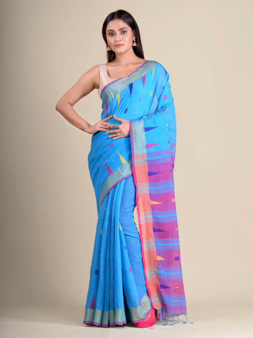 

Mitera Blue & Pink Pure Cotton Handloom Saree