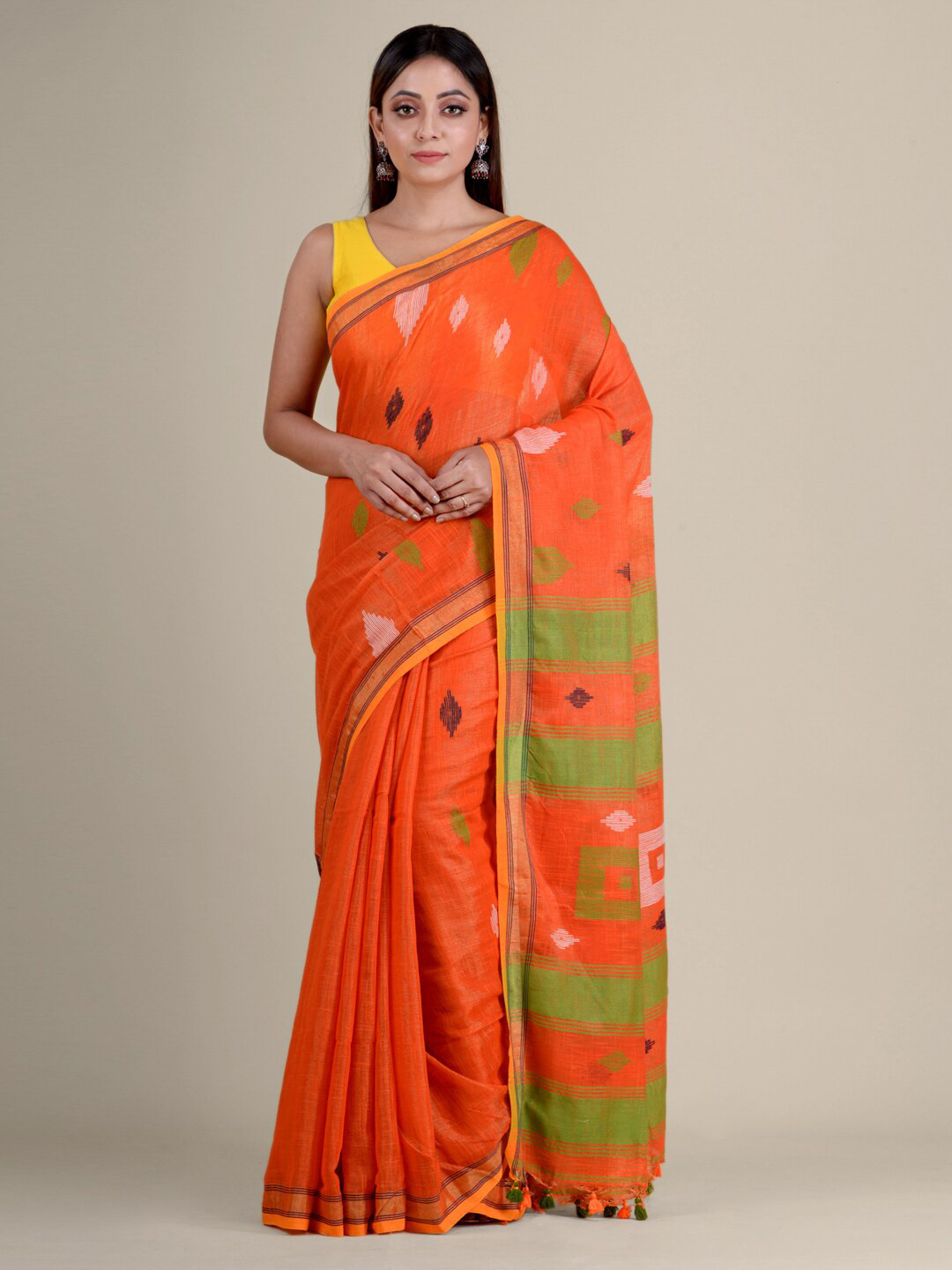 

Mitera Orange & Green Pure Handloom Cotton Saree