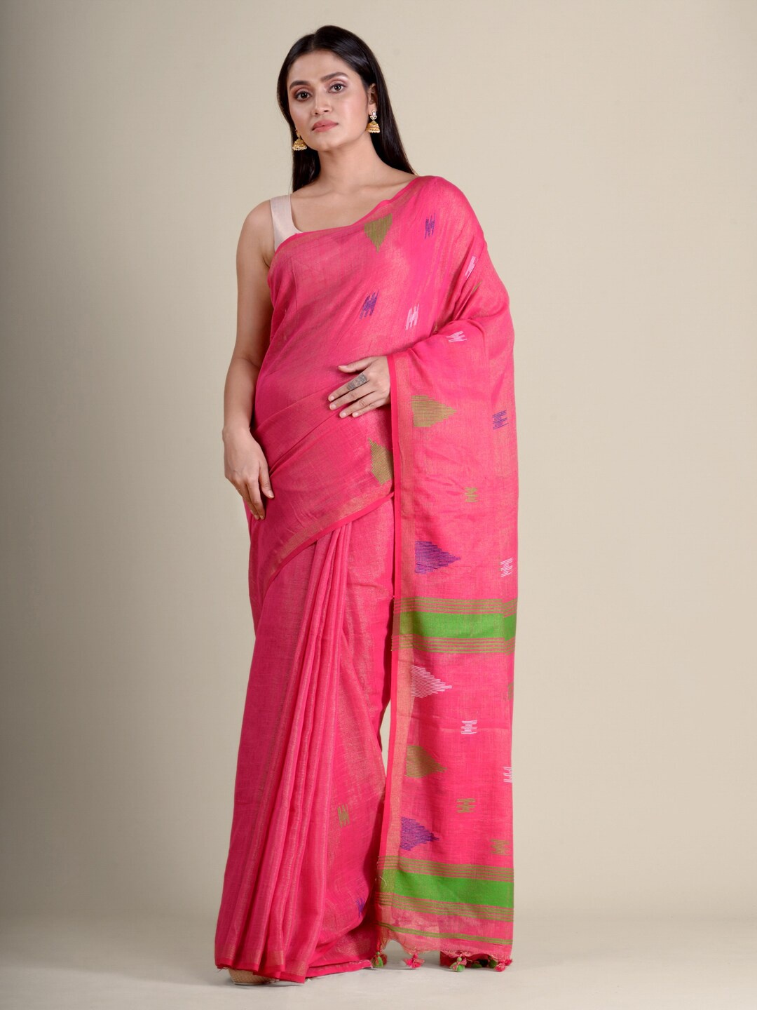 

Mitera Pink & Green Pure Cotton Handloom Saree