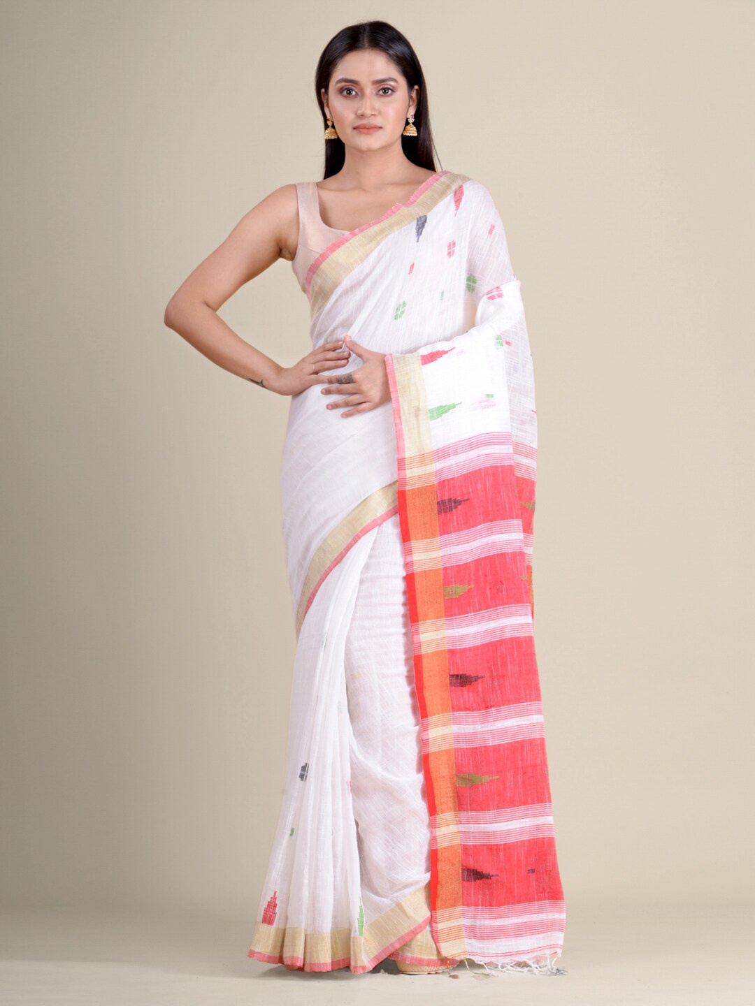

Mitera White & Red Floral Pure Cotton Handloom Saree