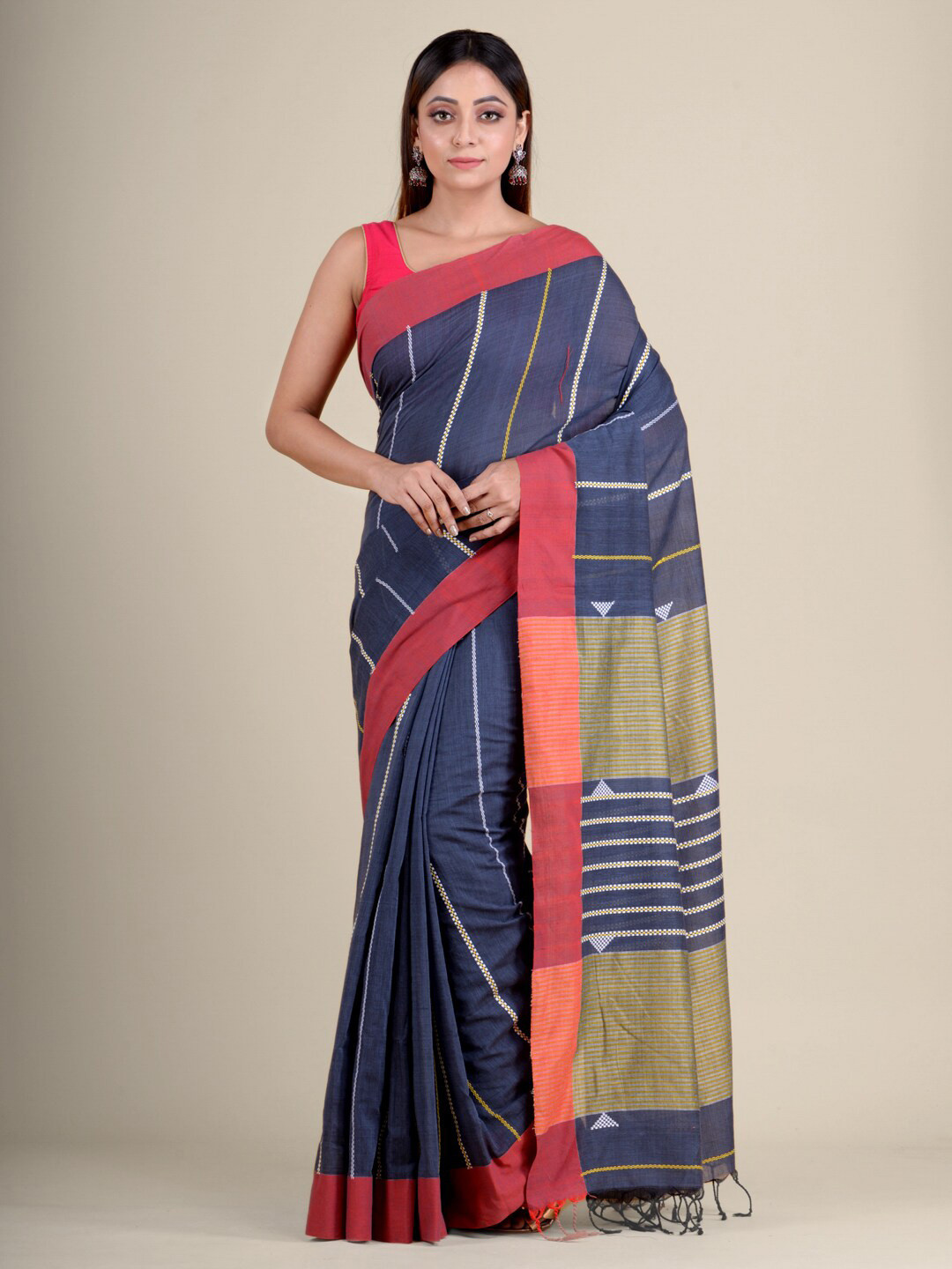 

Mitera Blue & Red Woven Design Pure Cotton Handloom Saree