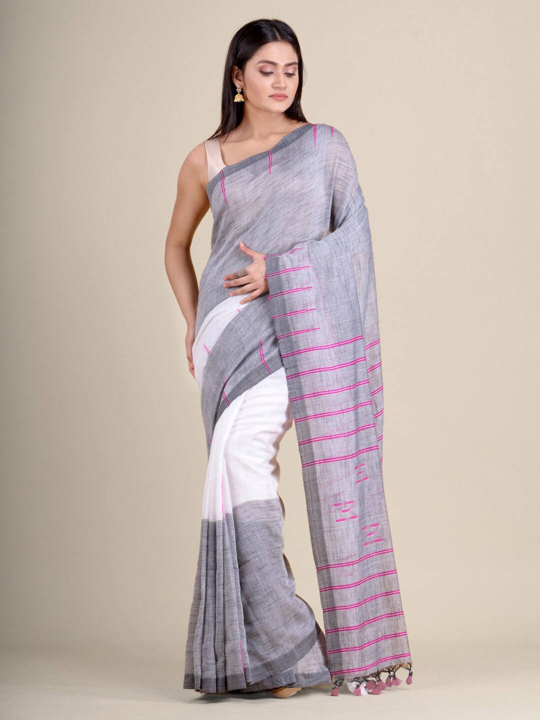 

Mitera White & Grey Pure Cotton Saree