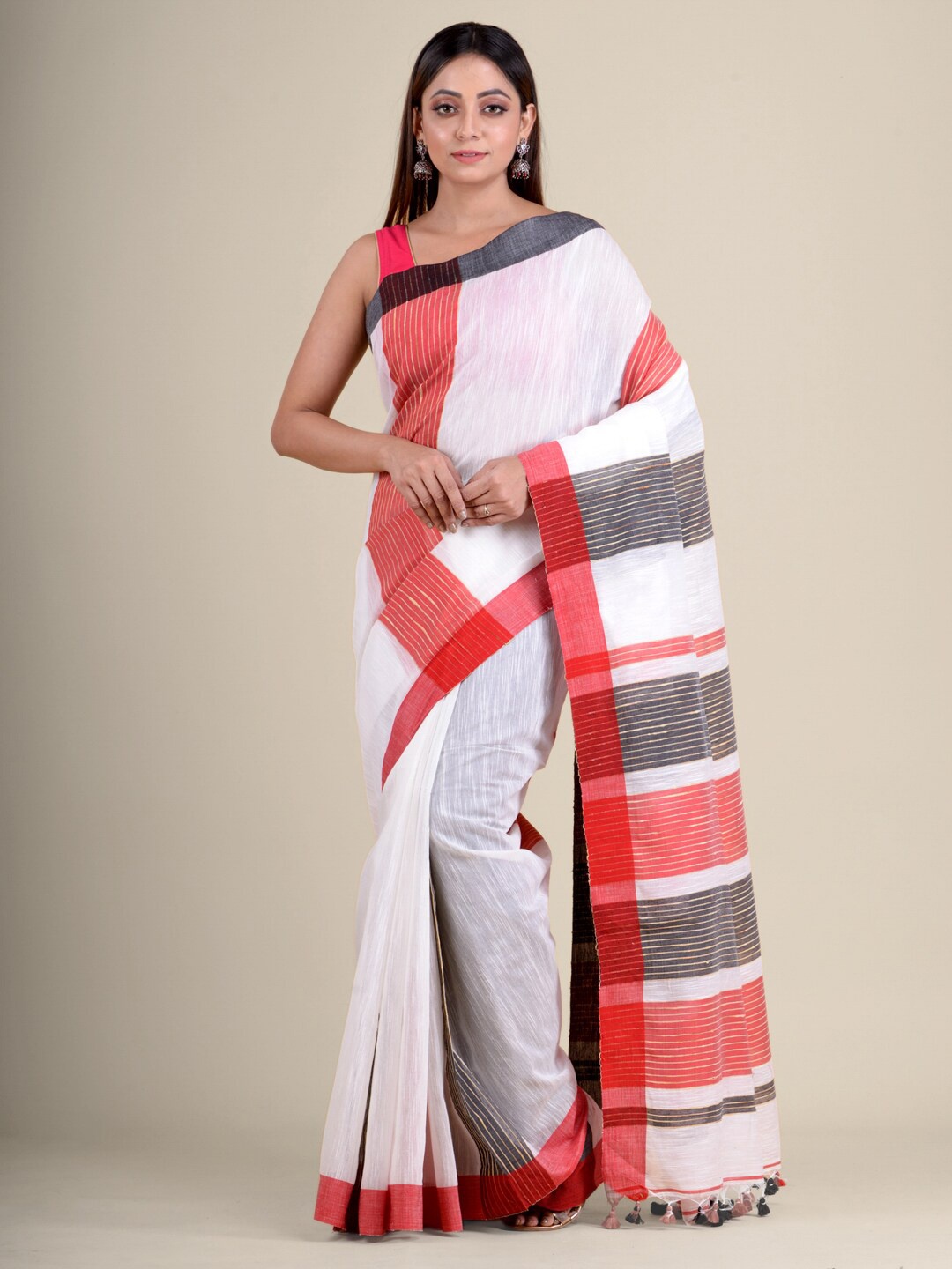 

Mitera White & Red Striped Handloom Saree