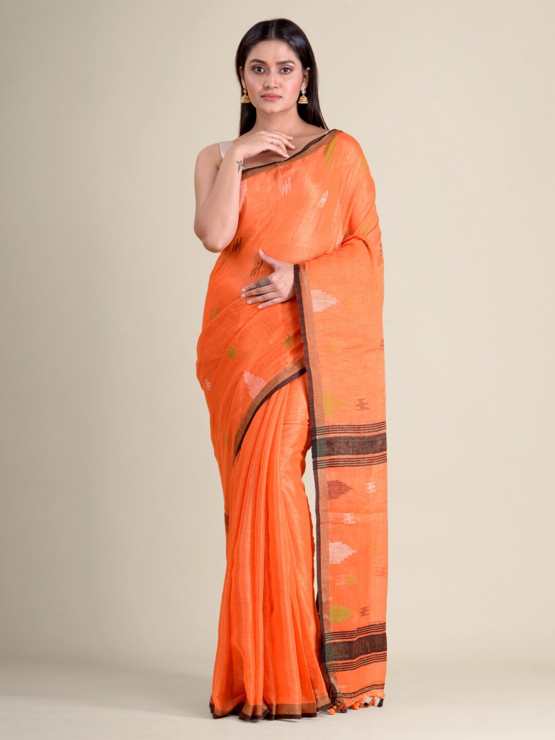 

Mitera Orange & Black Woven Design Pure Cotton Handloom Saree