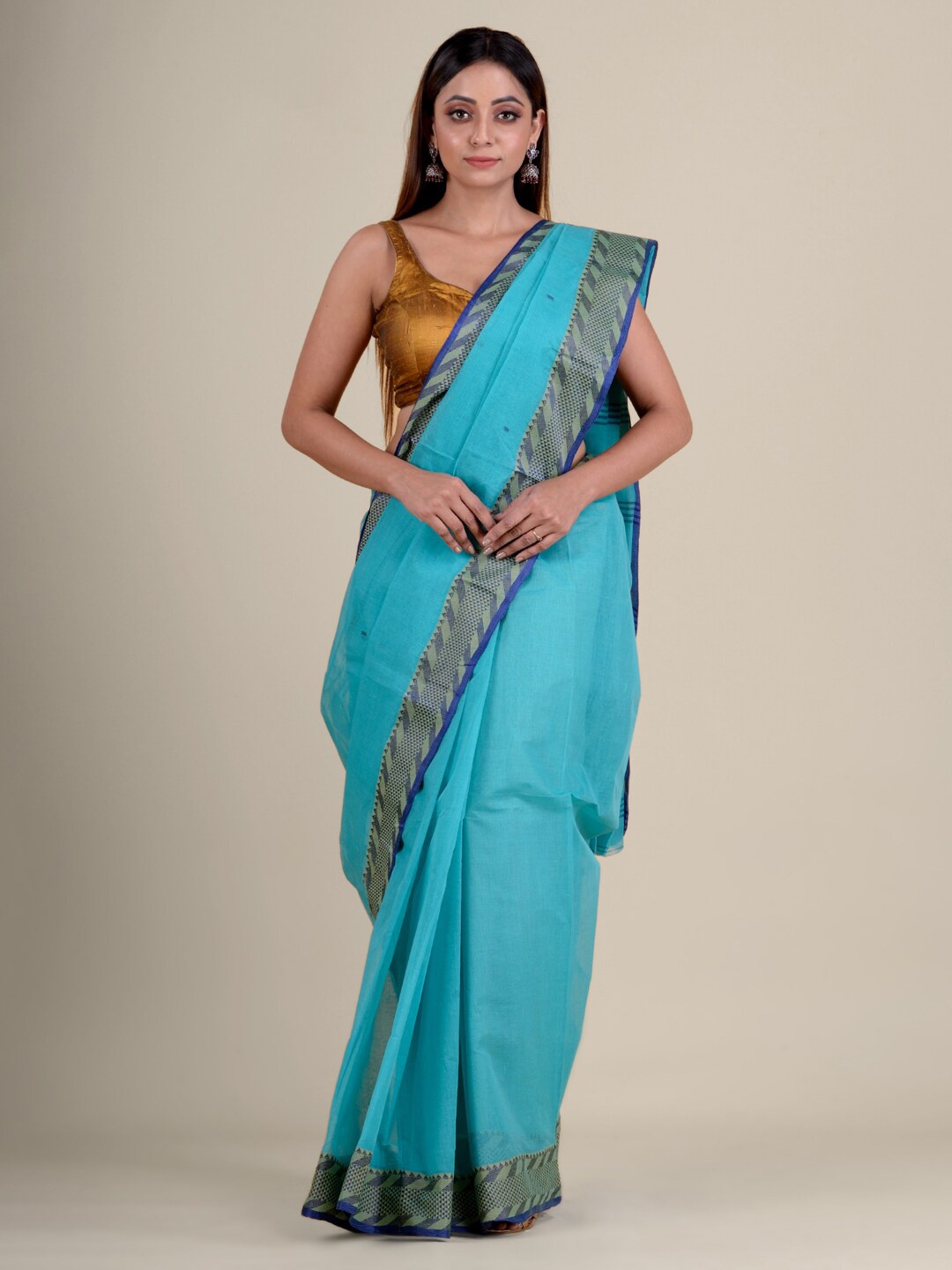 

Mitera Blue & Gold-Toned Woven Design Pure Cotton Handloom Taant Saree