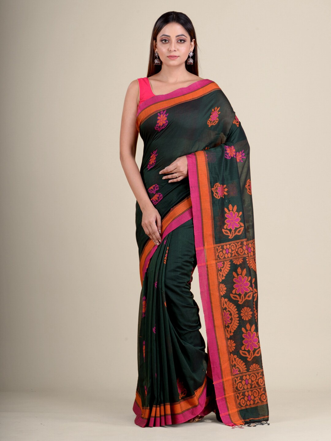 

Mitera Green & Orange Floral Pure Cotton Handloom Saree