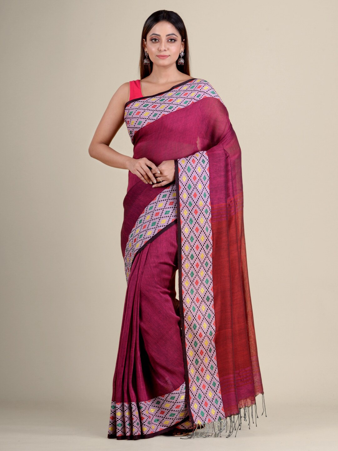 

Mitera Magenta & Multicoloured Woven Design Pure Cotton Handloom Saree