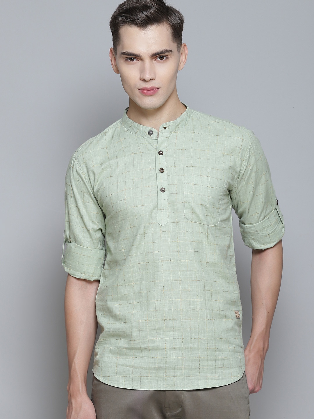 

DENNISON Men Green Geometric Patterned Comfort Slim Fit Cotton Kurta