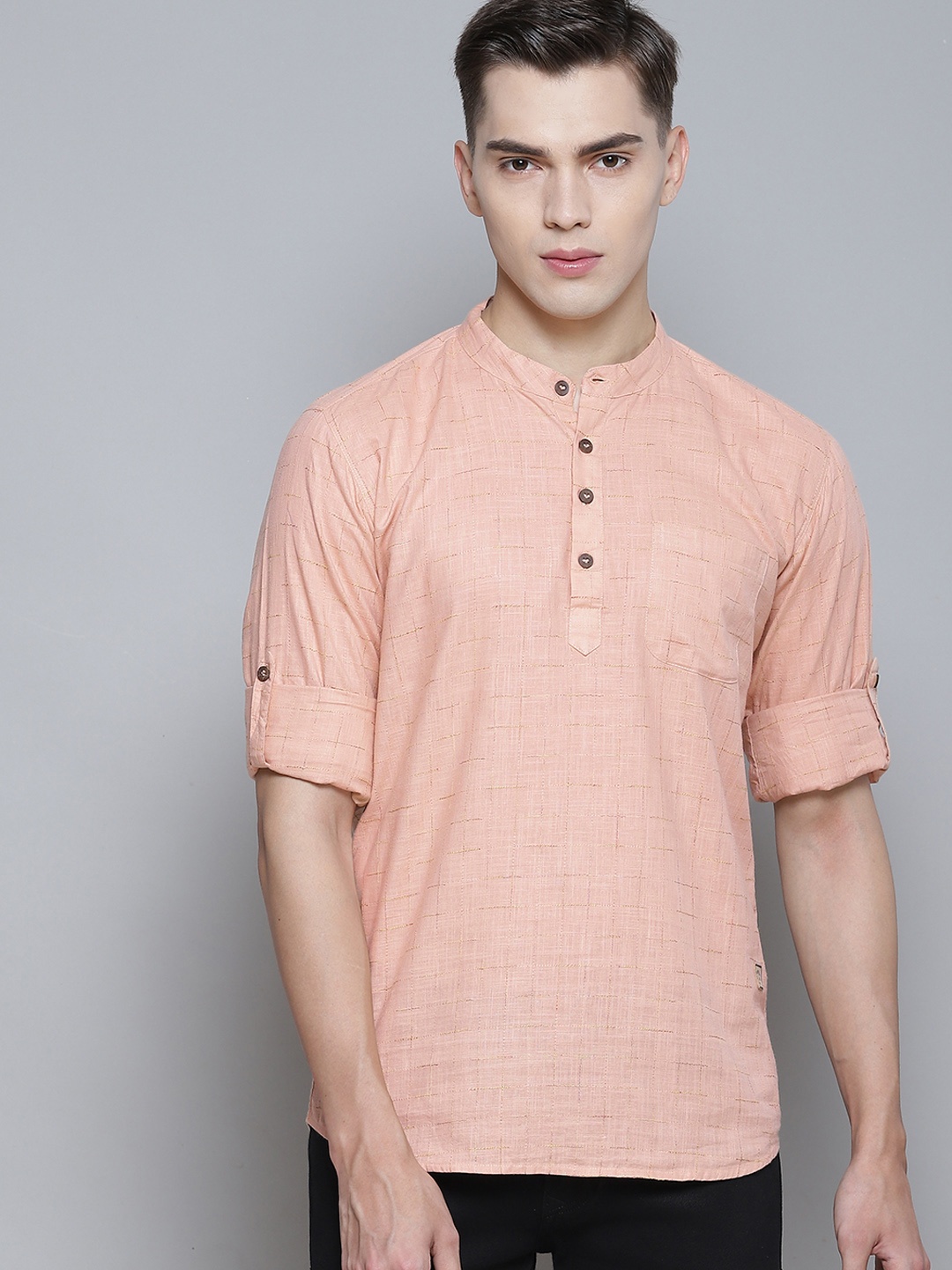 

DENNISON Men Peach-Coloured Embroidered Comfort Slim Fit Cotton Kurta