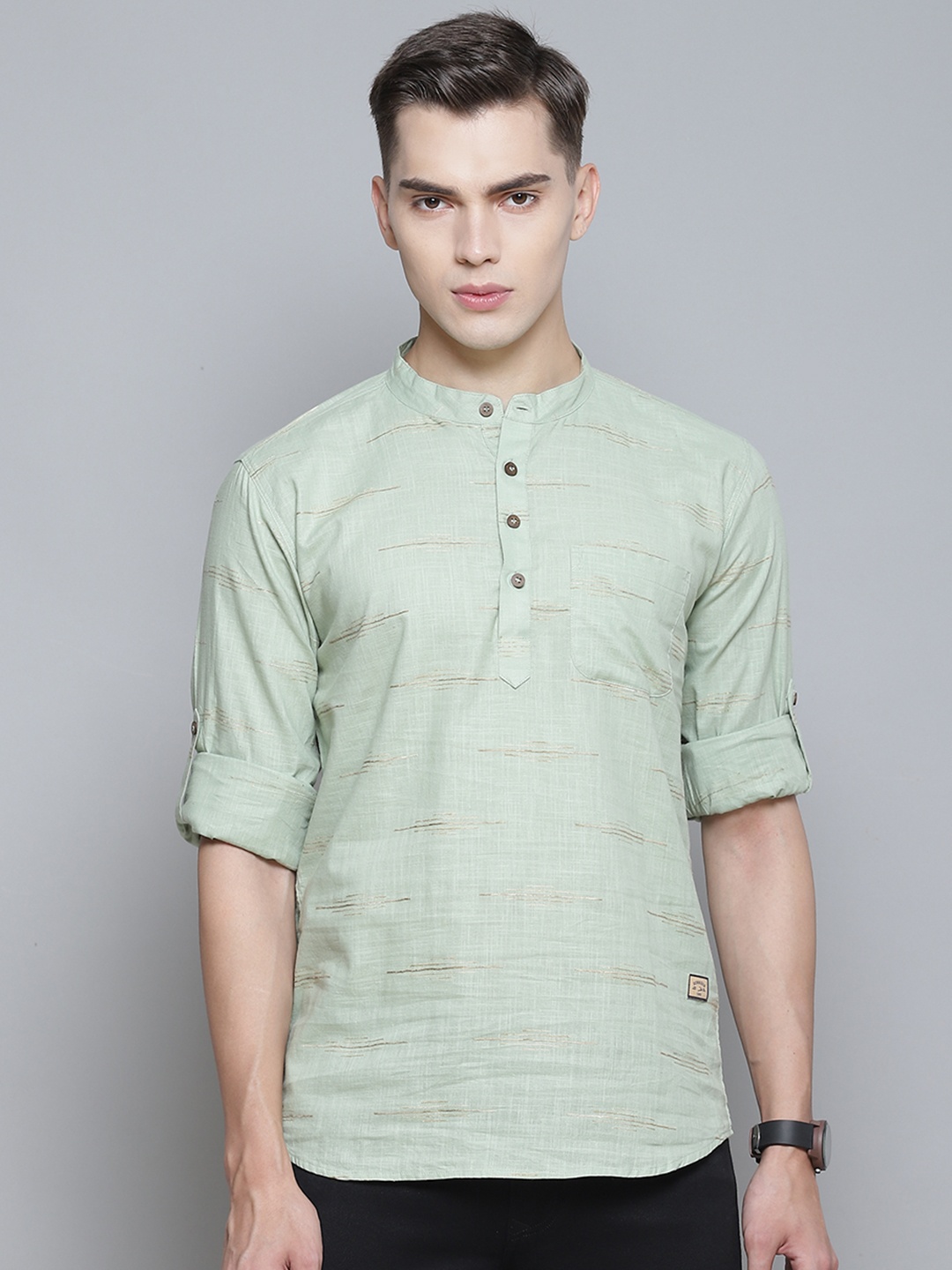 

DENNISON Men Green Horizontal Stripes Comfort Slim Fit Cotton Kurta