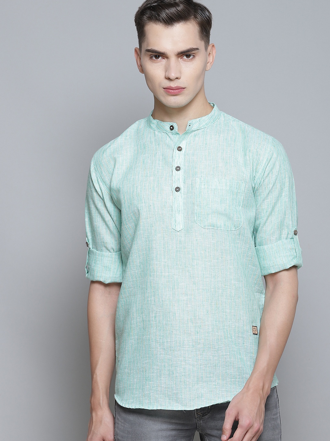 

DENNISON Men Green Striped Comfort Slim Fit Linen Kurta