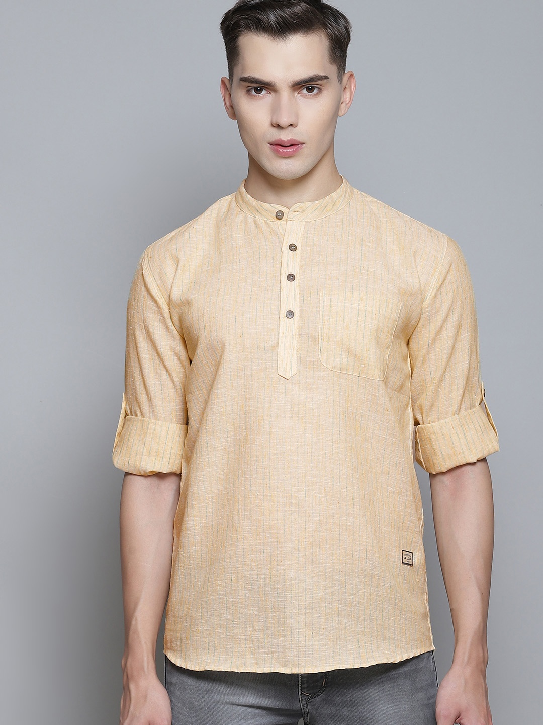 

DENNISON Men Yellow Striped Comfort Slim Fit Linen Kurta