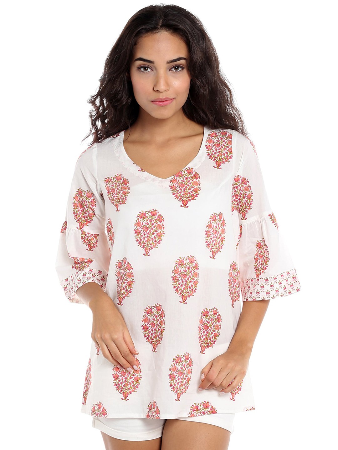 

Desi Weavess White & Pink Ethnic Motifs Printed A-Line Pure Cotton Top