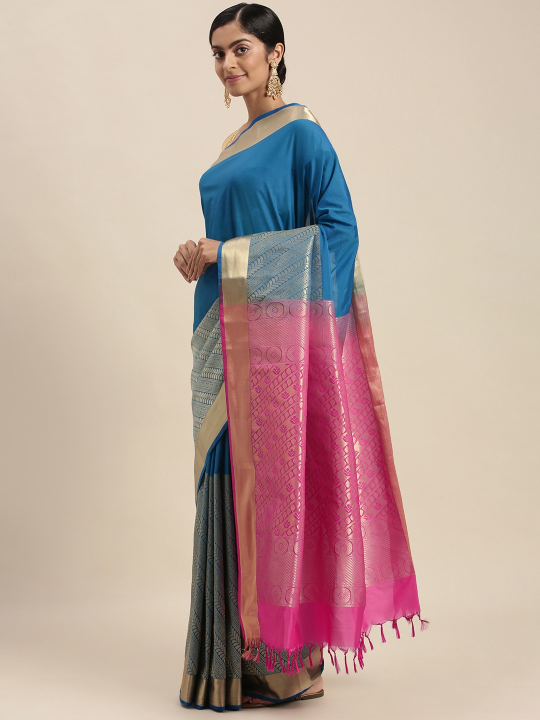 

Thara Sarees Blue & Pink Ethnic Motifs Zari Art Silk Kanjeevaram Saree