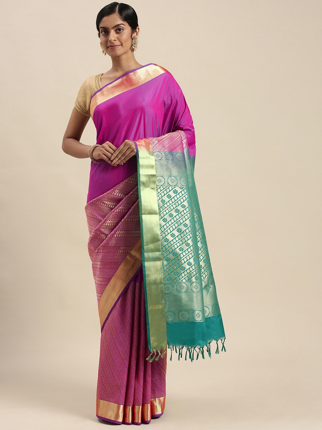 

Thara Sarees Sea Green & Golden Ethnic Motifs Zari Art Silk Kanjeevaram Saree