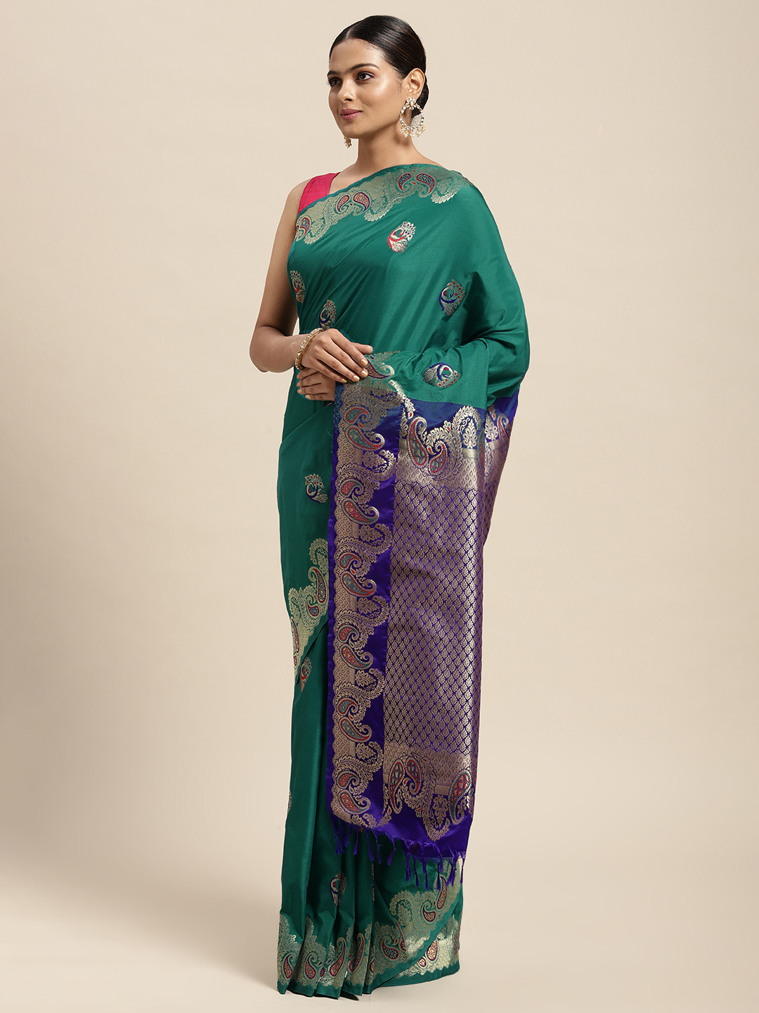 

Thara Sarees Teal Blue & Golden Ethnic Motifs Zari Art Silk Kanjeevaram Saree