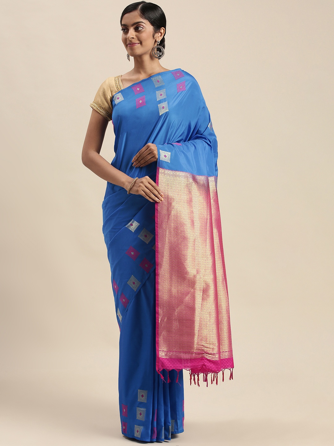 

Thara Sarees Blue & Pink Ethnic Motifs Zari Art Silk Kanjeevaram Saree