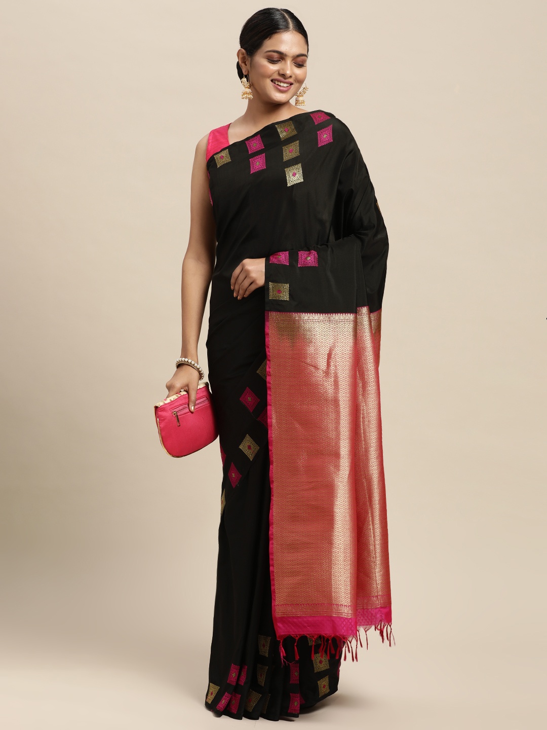

Thara Sarees Black & Pink Ethnic Motifs Zari Art Silk Kanjeevaram Saree