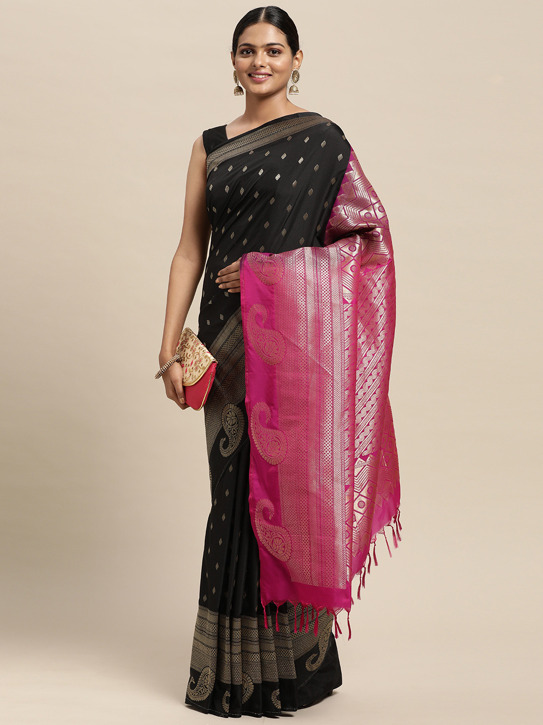 

Thara Sarees Black & Pink Ethnic Motifs Zari Art Silk Kanjeevaram Saree