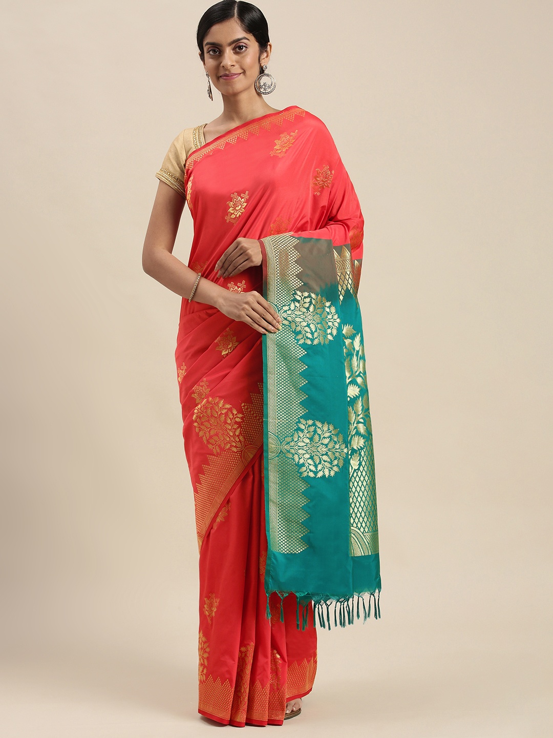 

Thara Sarees Orange & Teal Green Ethnic Motifs Zari Art Silk Kanjeevaram Saree