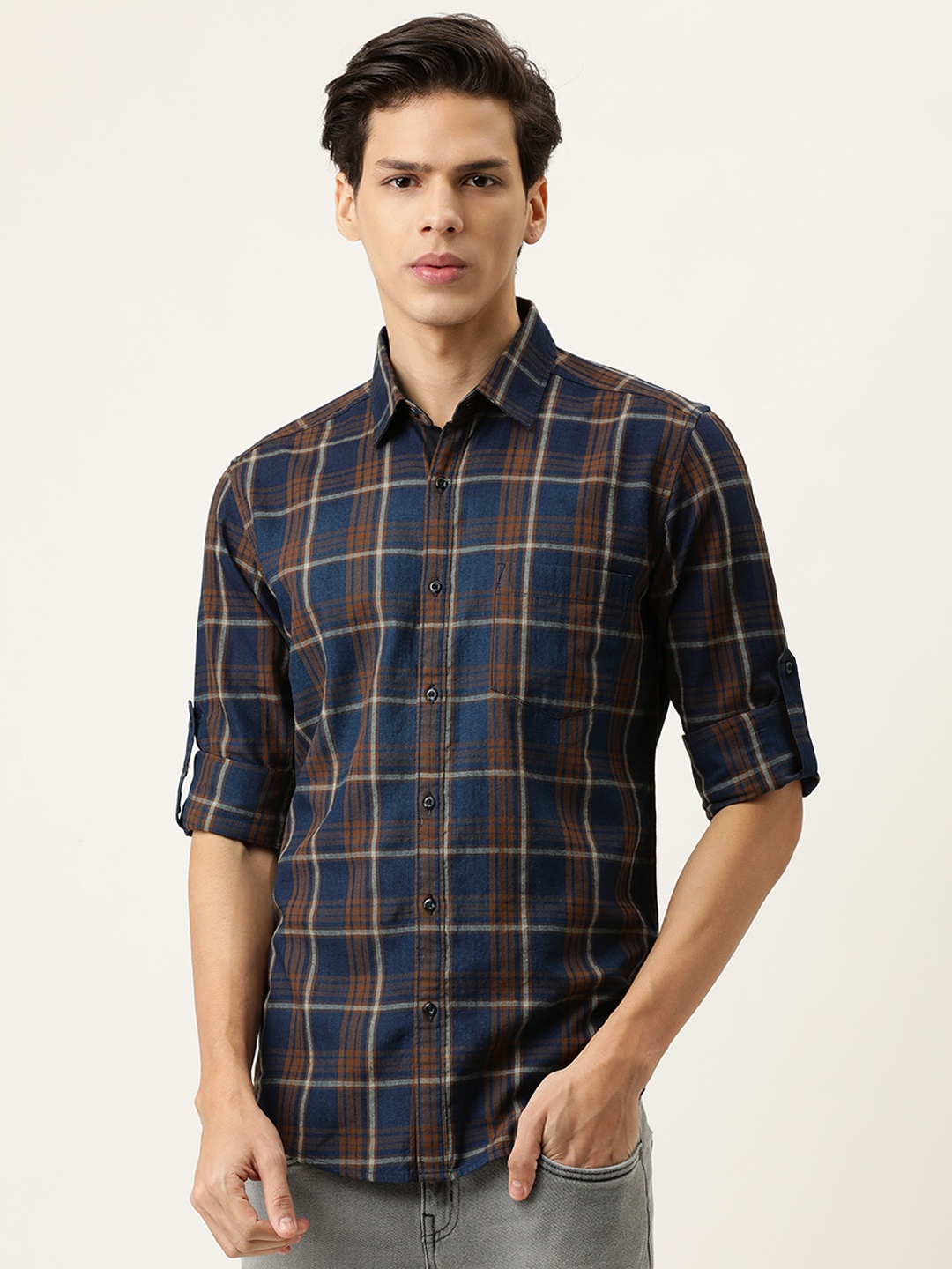 

IVOC Men Brown Slim Fit Tartan Checks Opaque Checked Casual Shirt