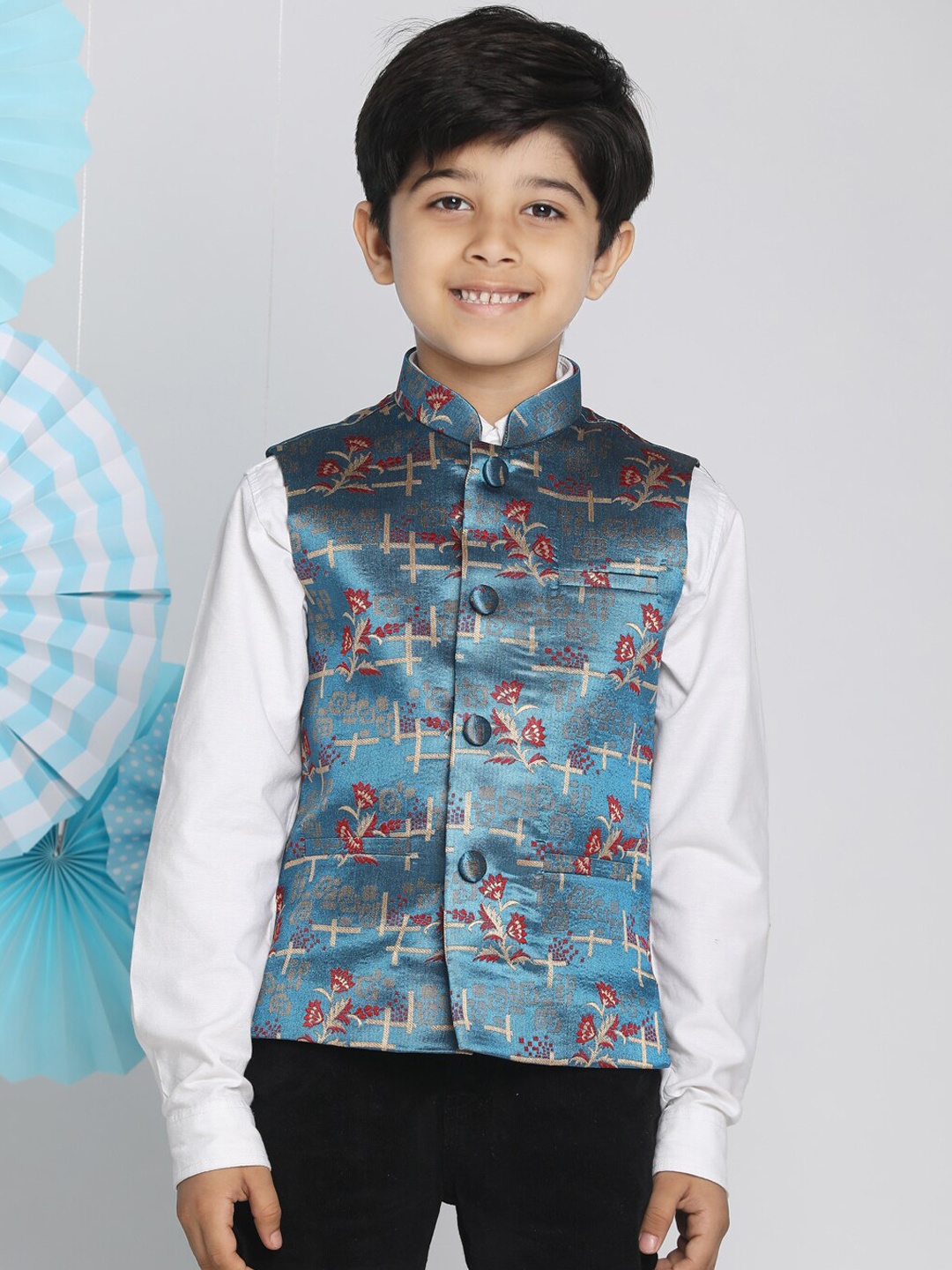 VASTRAMAY Boys Turquoise Blue & Red Woven Design Slim-Fit Nehru Jacket