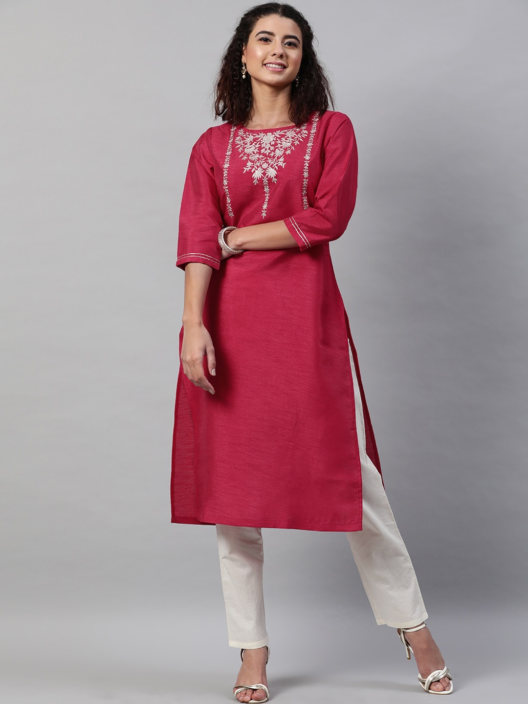 

STREET 9 Women Maroon Embroidered Thread Work Kurta