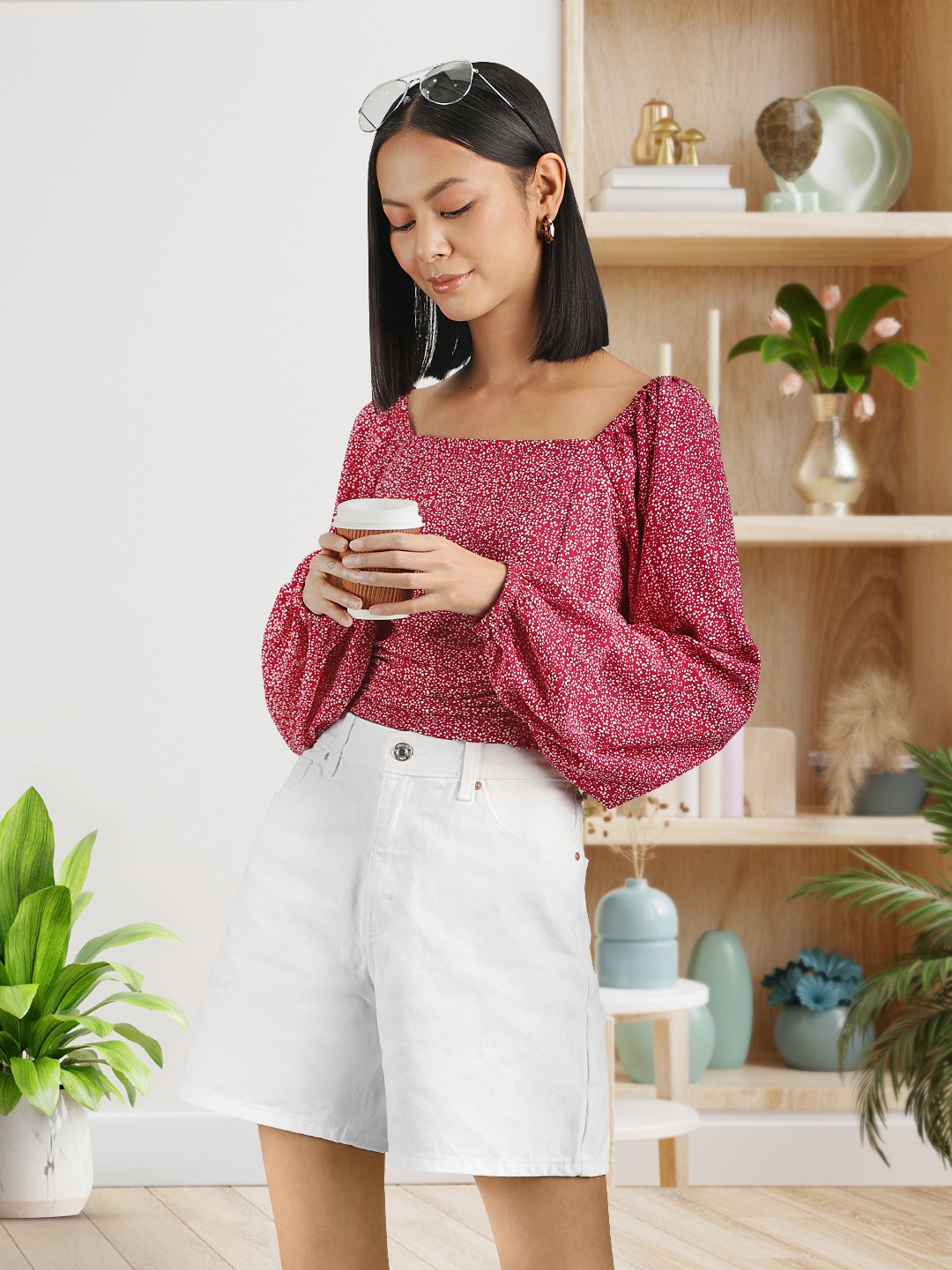 STREET 9 Maroon Floral Georgette Fitted Crop Top