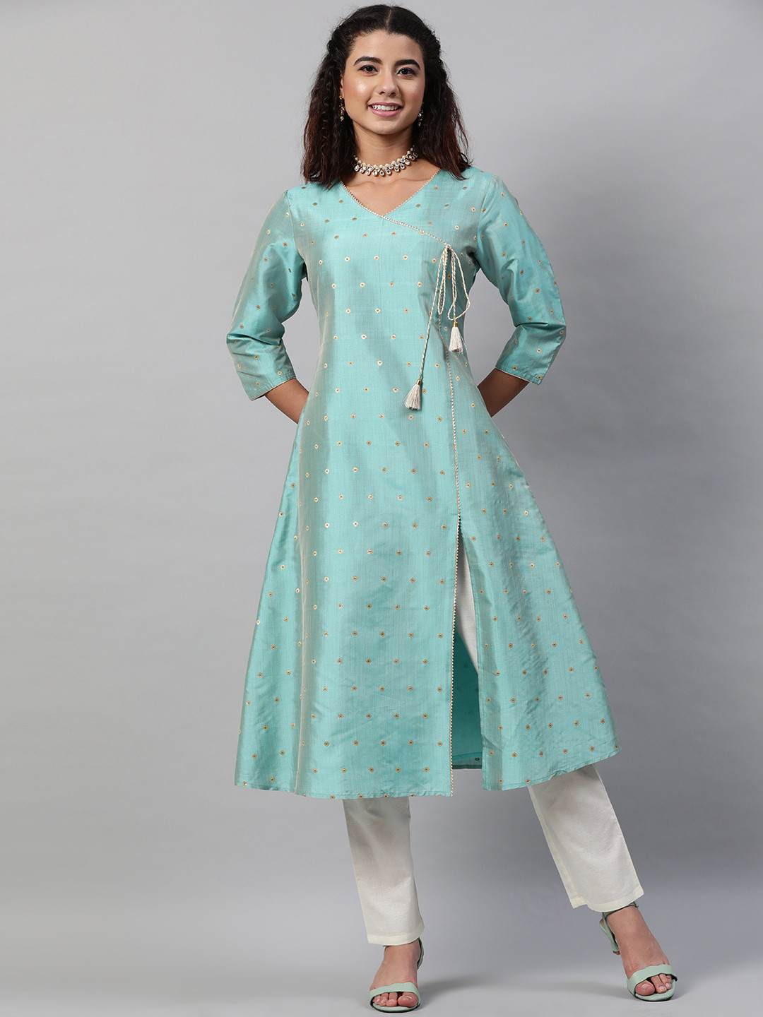 

STREET 9 Women Teal Blue Geometric Gotta Patti Brocade Anarkali Kurta